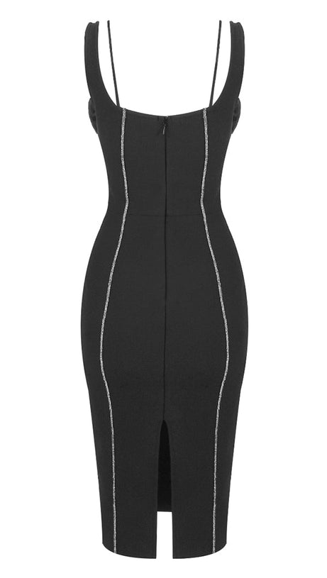 BUSTIER-MIDIKLEID MIT SILBERBESATZ UND BLUMENMUSTER IN SCHWARZ