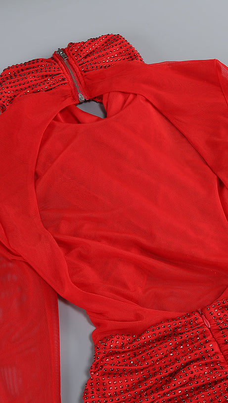 SLINKY MESH LONG SLEEVE MAXI DRESS IN RUBY