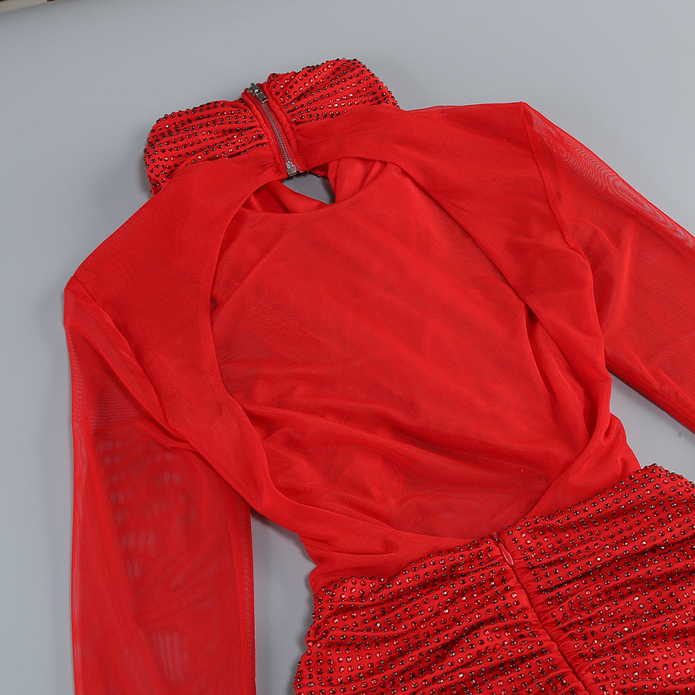 AIIZIE SLINKY MESH LONG SLEEVE MAXI DRESS IN RUBY - product image