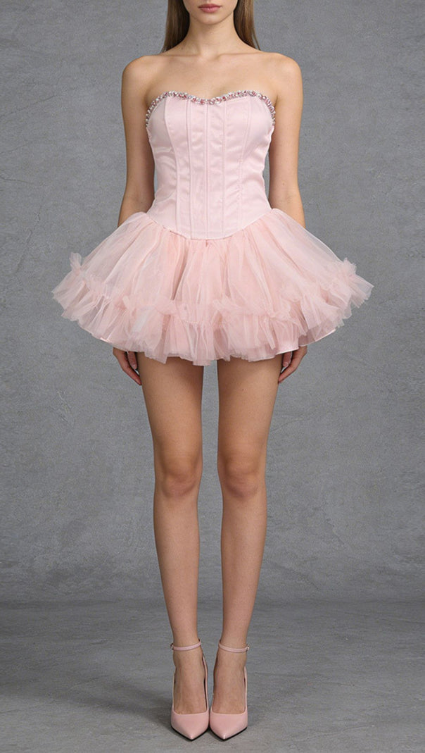 AIIZIE Jasmijn Pink Sparkle Strapless Corset Tulle Mini Dress - product image