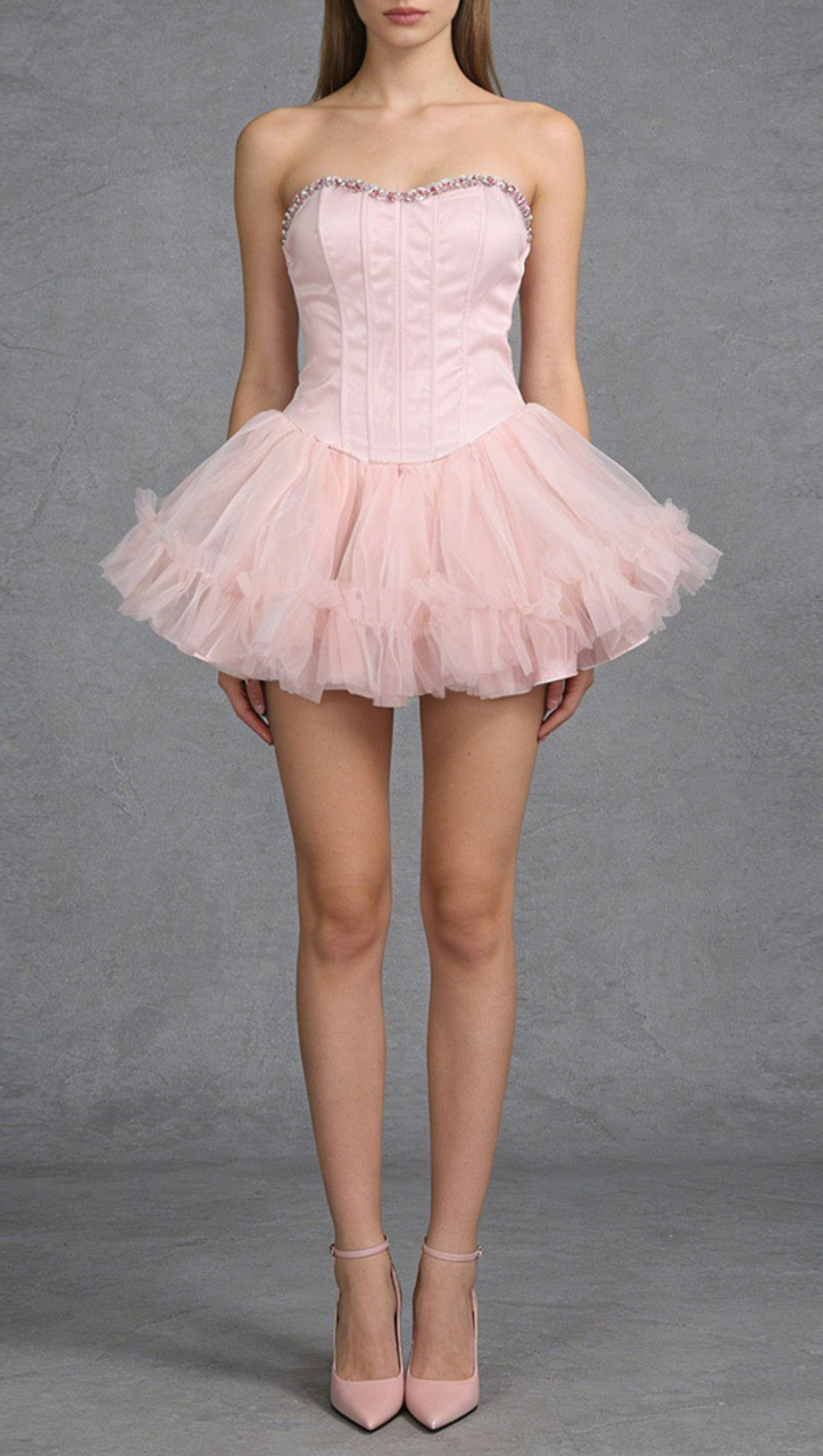 Jasmijn Pink Sparkle Strapless Corset Tulle Mini Dress