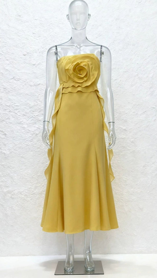 AIIZIE INGA ELEGANT STRAPLESS 3D FLOWER MIDI DRESS - VIBRANT YELLOW FOR SUMMER & PARTIES - product image