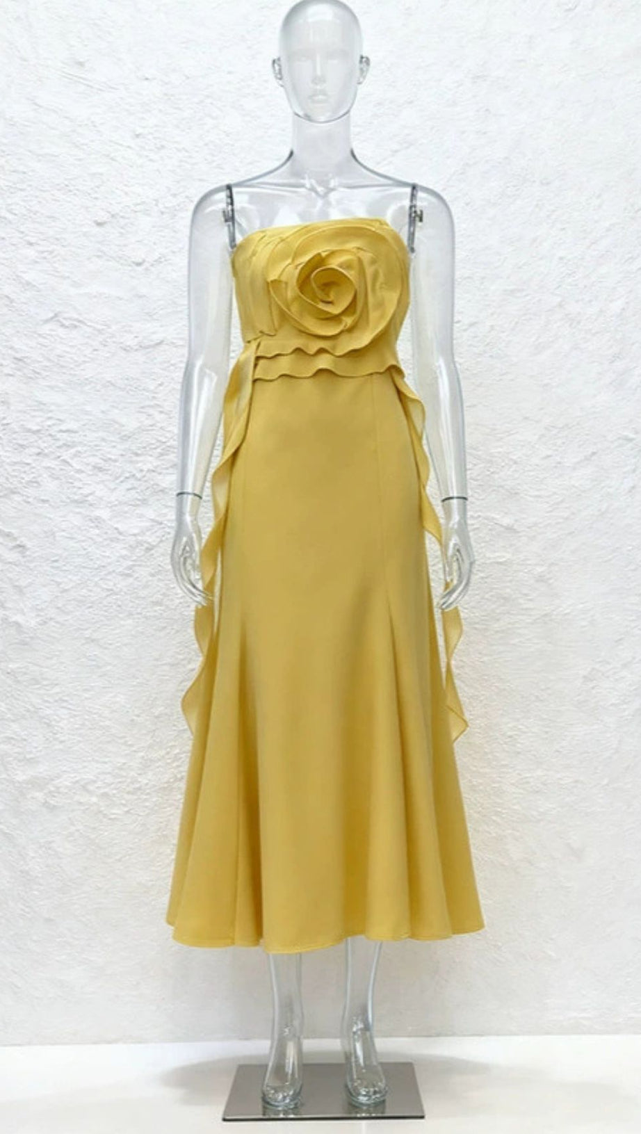 INGA ELEGANT STRAPLESS 3D FLOWER MIDI DRESS - VIBRANT YELLOW FOR SUMMER & PARTIES