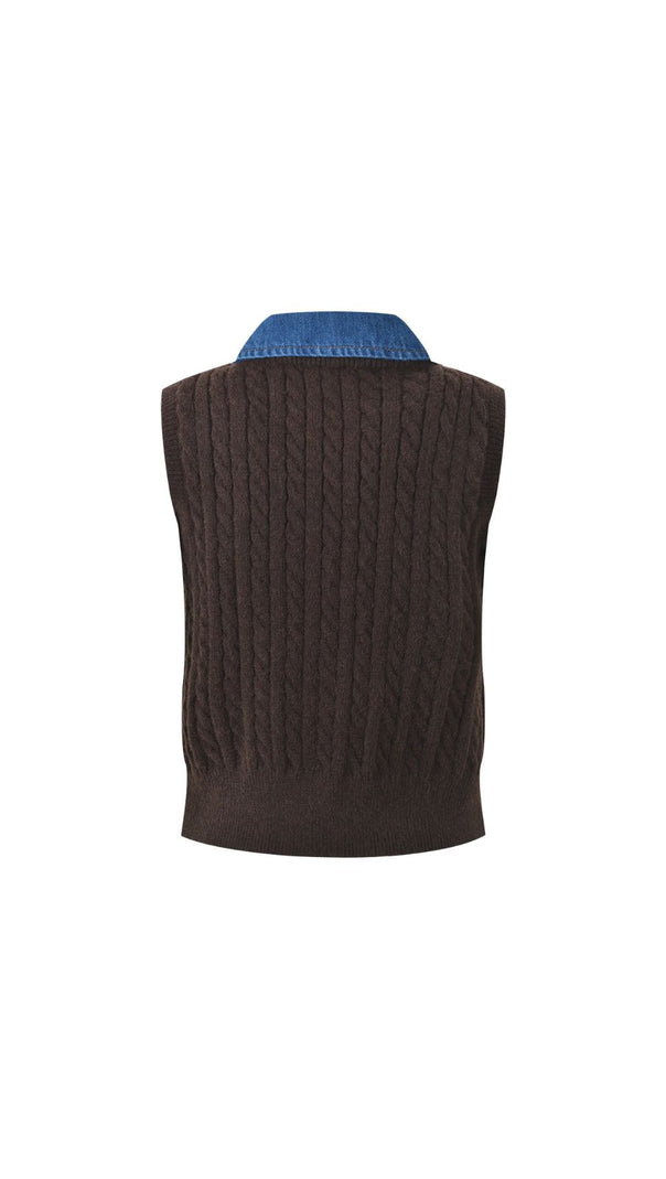 AIIZIE Chic Denim Collar Cable Knit Sleeveless Sweater Vest for Women - product image