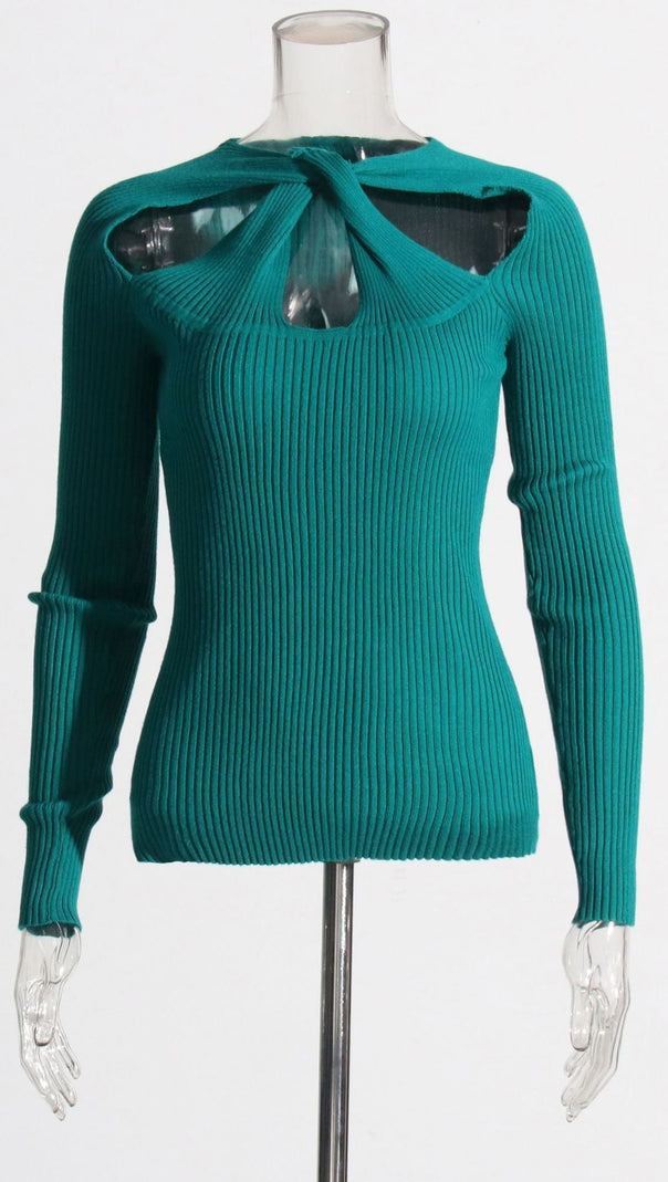 AIIZIE ILANA CHIC EMERALD RIBBED KNIT LONG SLEEVE TOP WITH KNOT CUTOUT DETAIL - product image