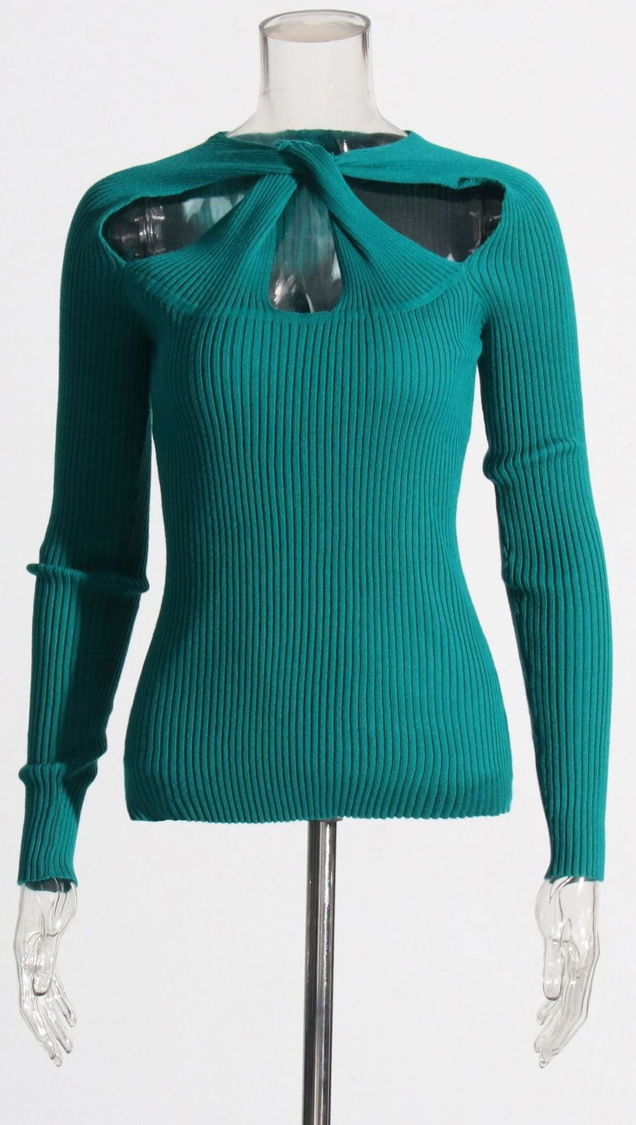 ILANA CHIC EMERALD RIBBED KNIT LONG SLEEVE TOP WITH KNOT CUTOUT DETAIL