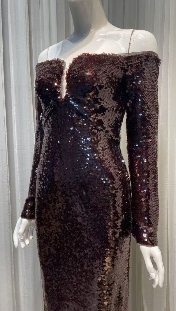 AIIZIE LONG SLEEVE SEQUIN MAXI DRESS IN BROWN - product image