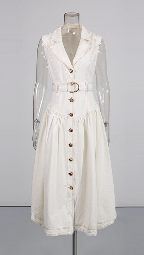 AIIZIE IONE SLEEVELESS BUTTON-FRONT DENIM MIDI DRESS | CHIC & BELTED STYLE - product image