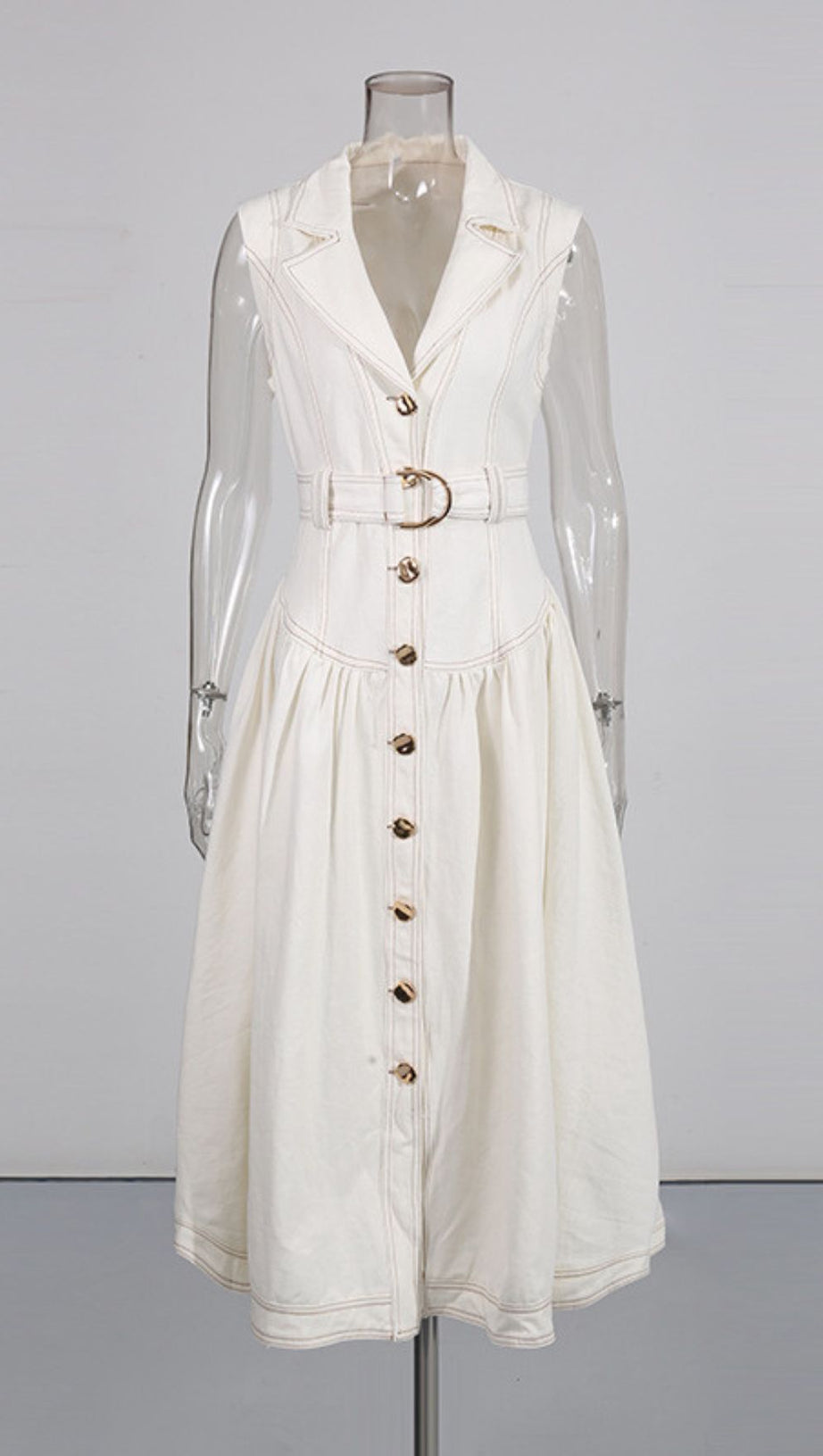 IONE SLEEVELESS BUTTON-FRONT DENIM MIDI DRESS | CHIC & BELTED STYLE