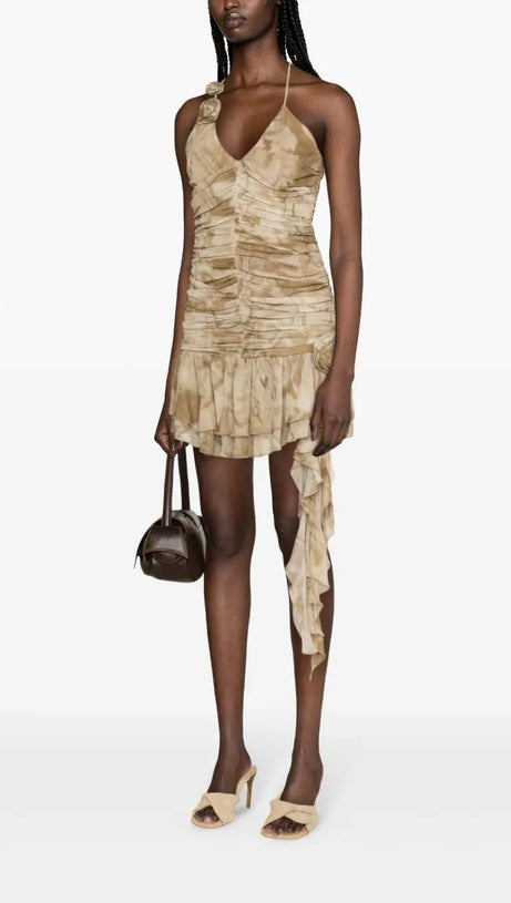 RUFFLED PYTHON-PRINT MINI DRESS IN SAND BEIGE