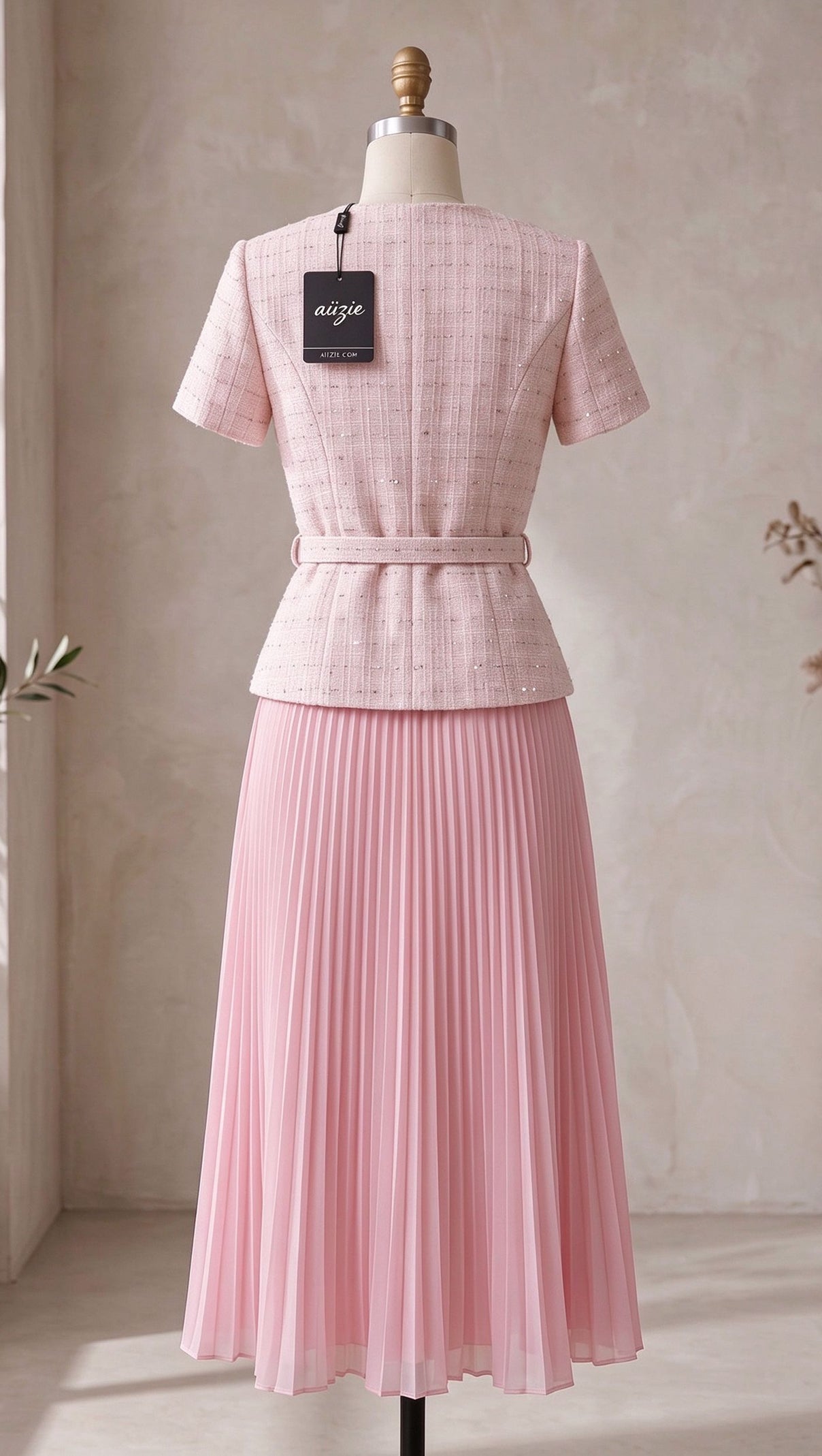 Pale Pink Tweed Fitted Bodice with Peplum and A-Line Skirt Two-Piece Set