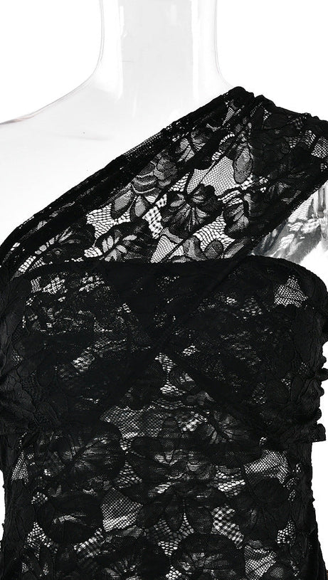 RAELIRA GLAMOROUS ONE-SHOULDER LACE & LEOPARD PRINT MAXI DRESS