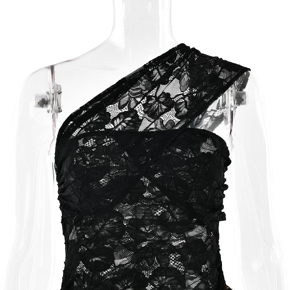 AIIZIE RAELIRA GLAMOROUS ONE-SHOULDER LACE & LEOPARD PRINT MAXI DRESS - product image