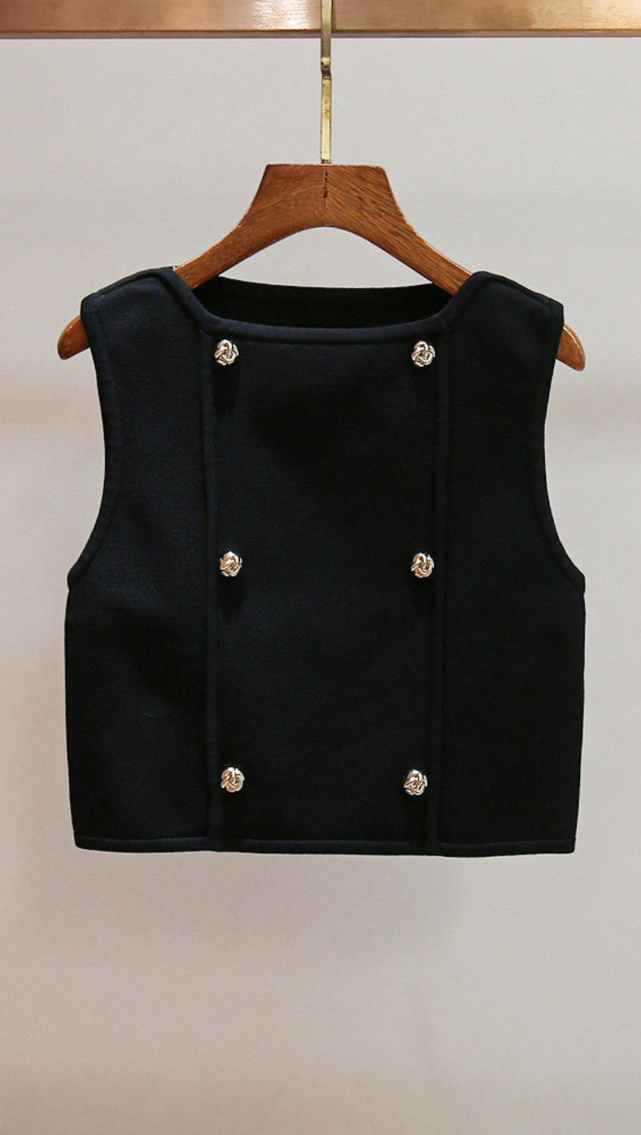 Chic Black Double-Breasted Crop Top with Gold Buttons