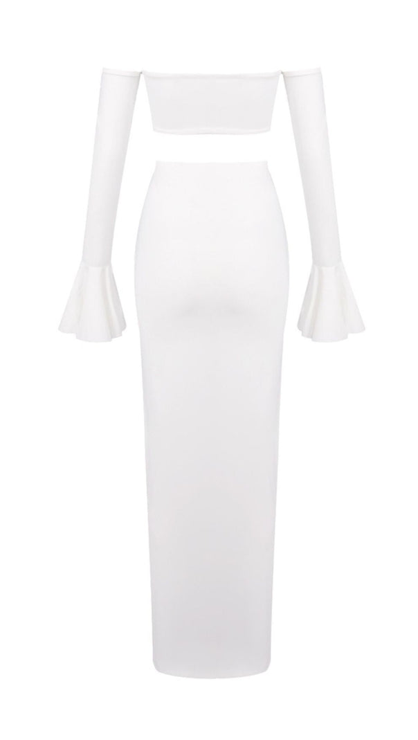 AIIZIE HESSA WHITE RESORT CHIC TWO-PIECE SET | STRAPLESS TOP, TIE-WAIST PANTS & STATEMENT SLEEVES - product image