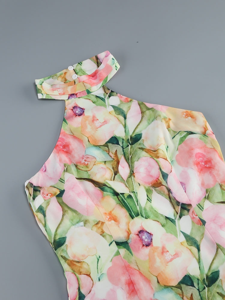 AIIZIE SABINA PINK GREEN ASYMMETRIC FLORAL HALTER MIDI DRESS - product image