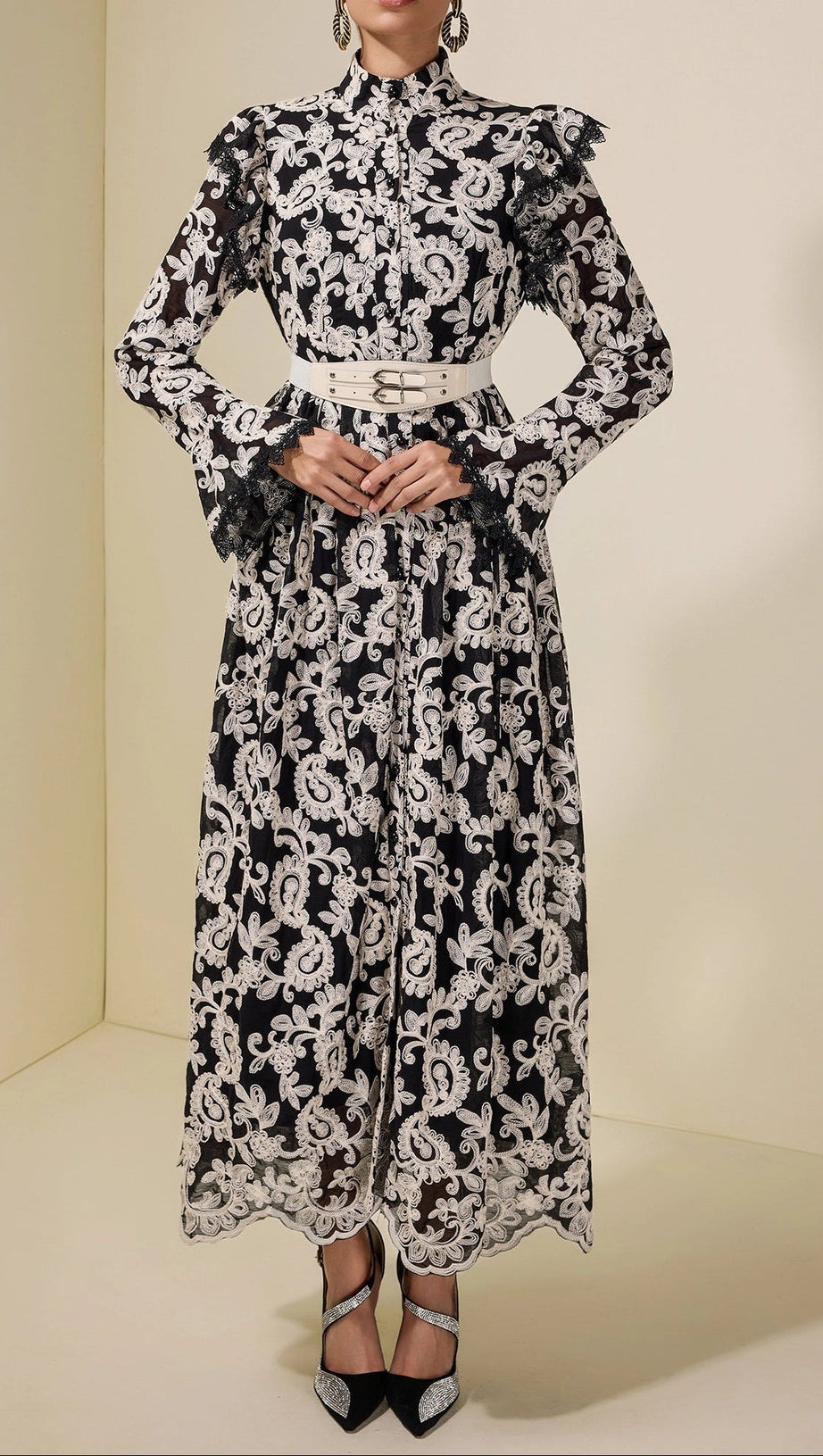 Chiffon Embroidered Single Breasted Midi Dress with Bel
