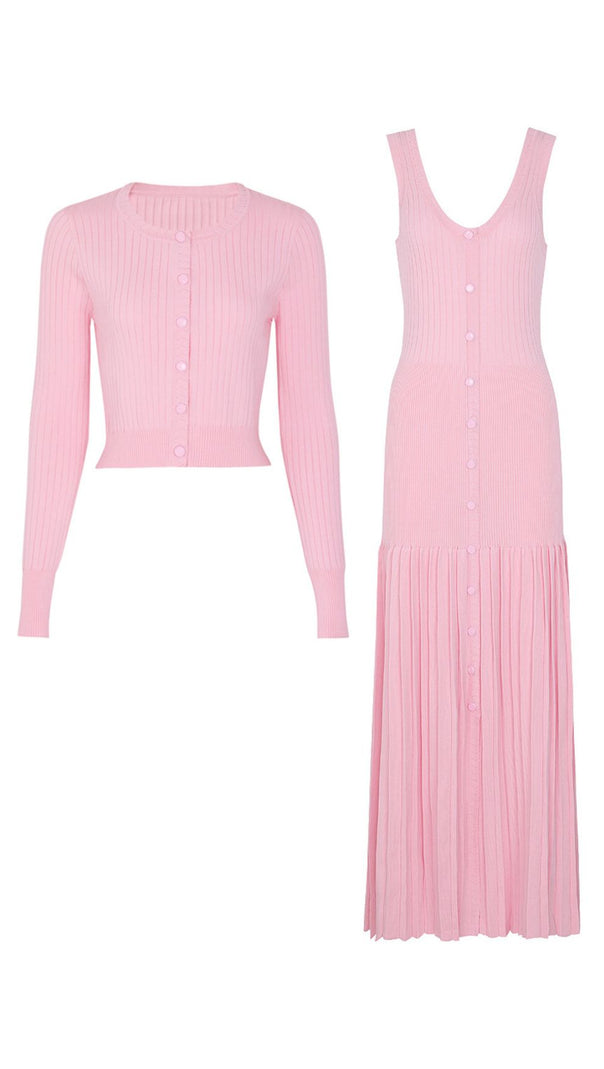 AIIZIE Jackie Pink Ribbed Knit Maxi Dress & Cardigan Set - Effortless Style & Comfort for Women - product image