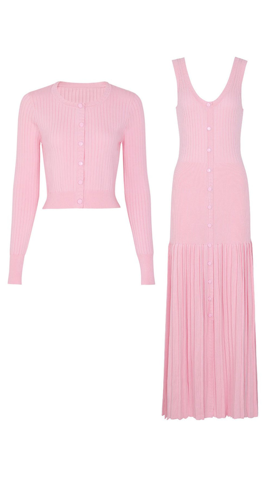 Jackie Pink Ribbed Knit Maxi Dress & Cardigan Set - Effortless Style & Comfort for Women