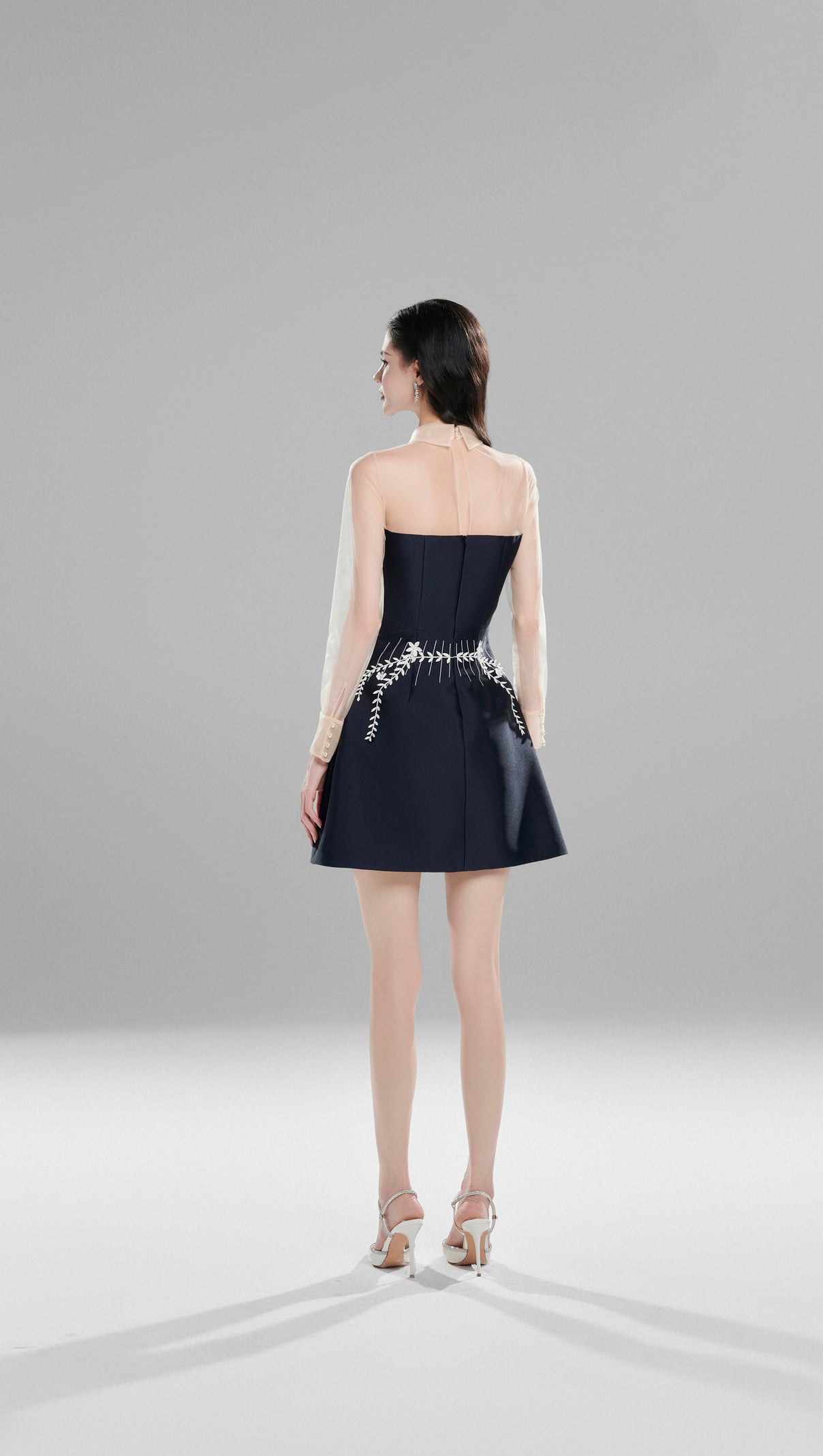 AIIZIE EMBROIDERED FLOWER LAPEL TULLE MINI DRESS IN DARK BLUE - product image
