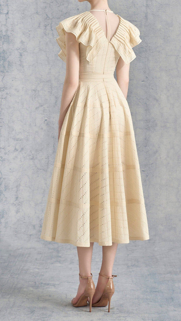 AIIZIE SALLY RUFFLED V-NECK MIDI DRESS IN APRICOT - product image