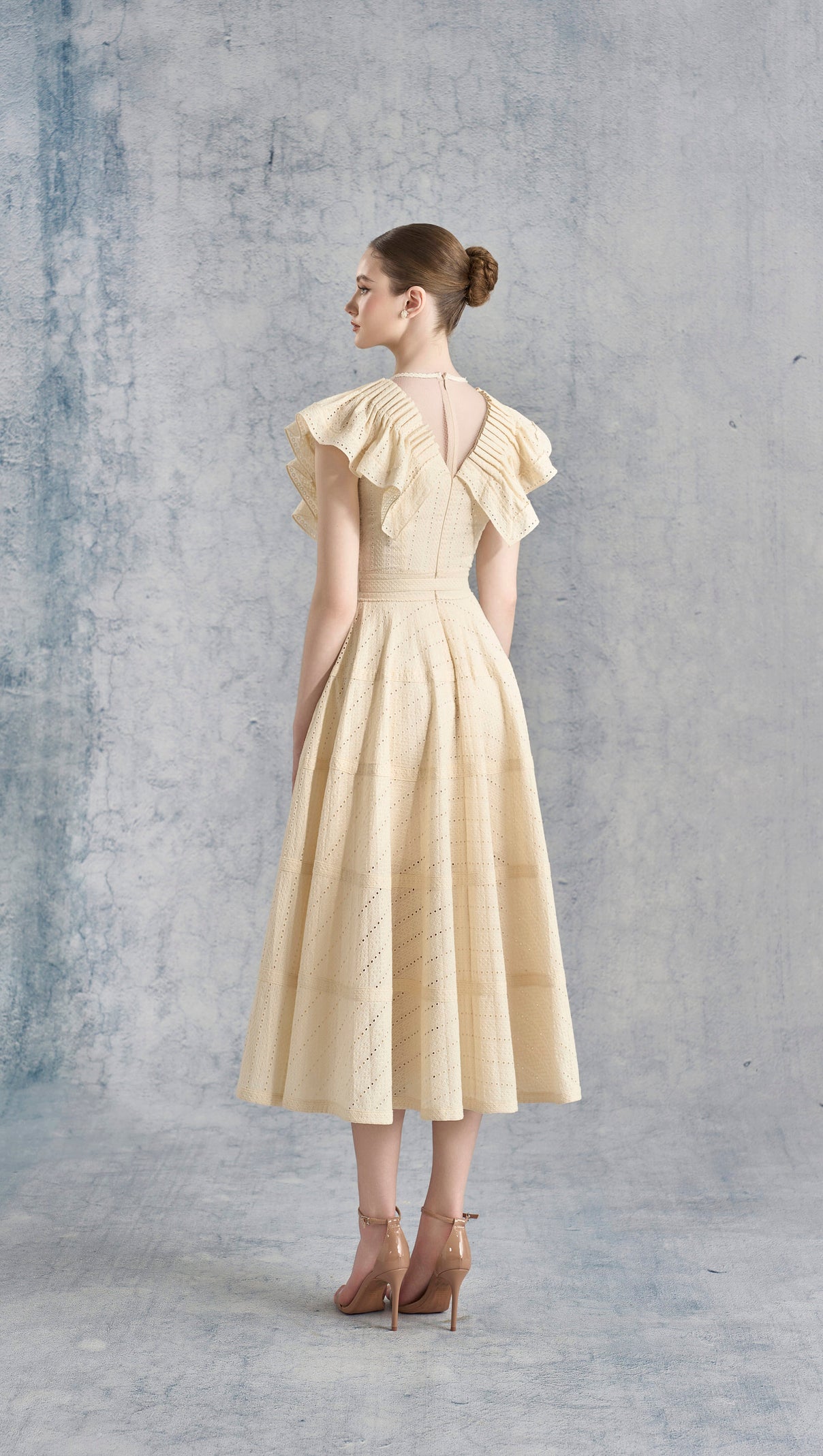 AIIZIE SALLY RUFFLED V-NECK MIDI DRESS IN APRICOT - product image