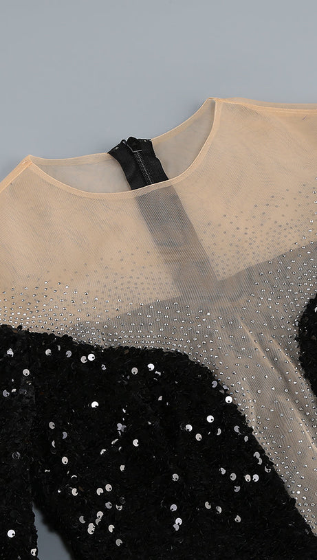 FEATHER EMBELLISHED SEQUIN MINI DRESS IN BLACK