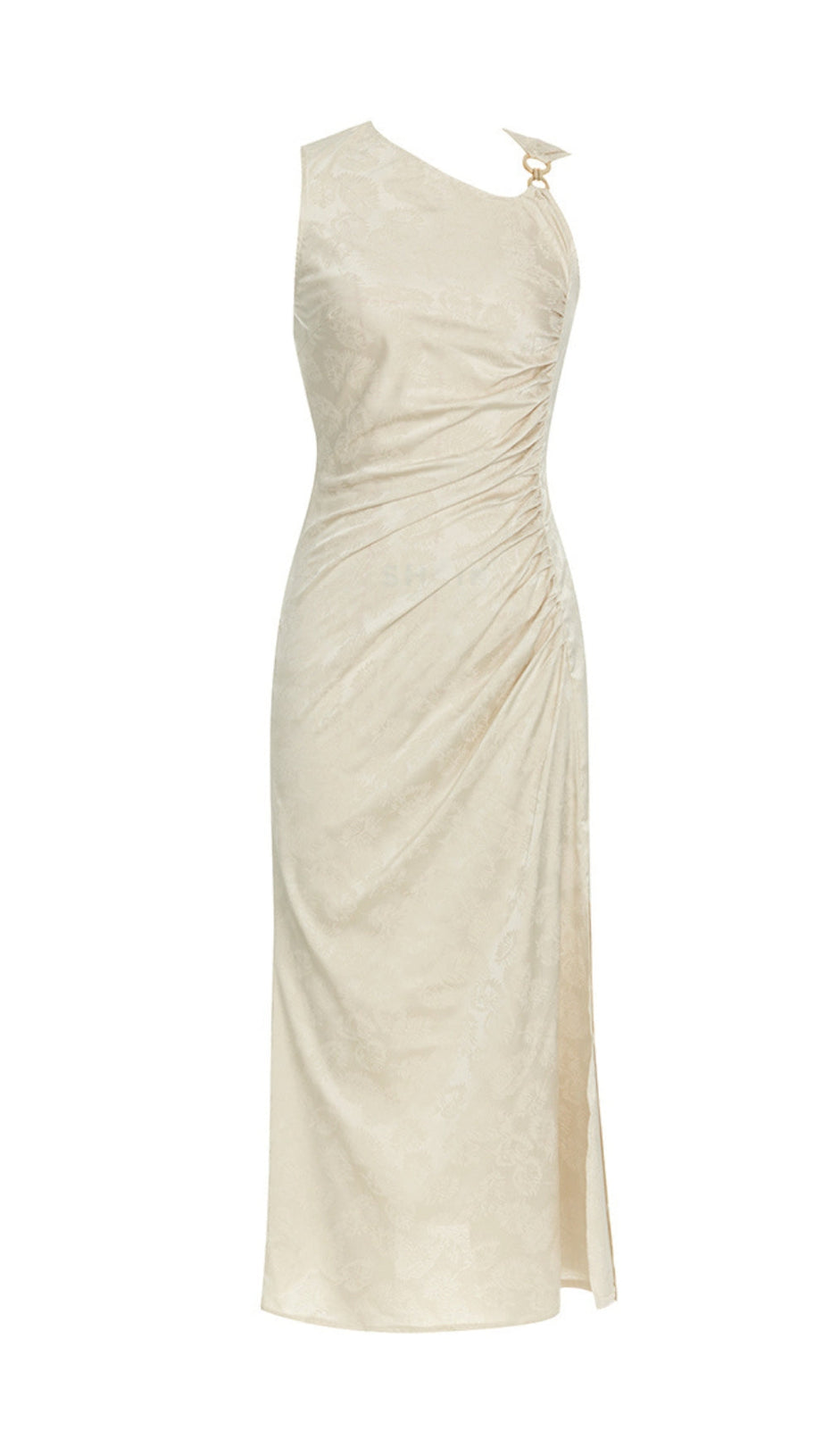CHAMPAGNE RUCHED JACQUARD SLEEVELESS MIDI DRESS