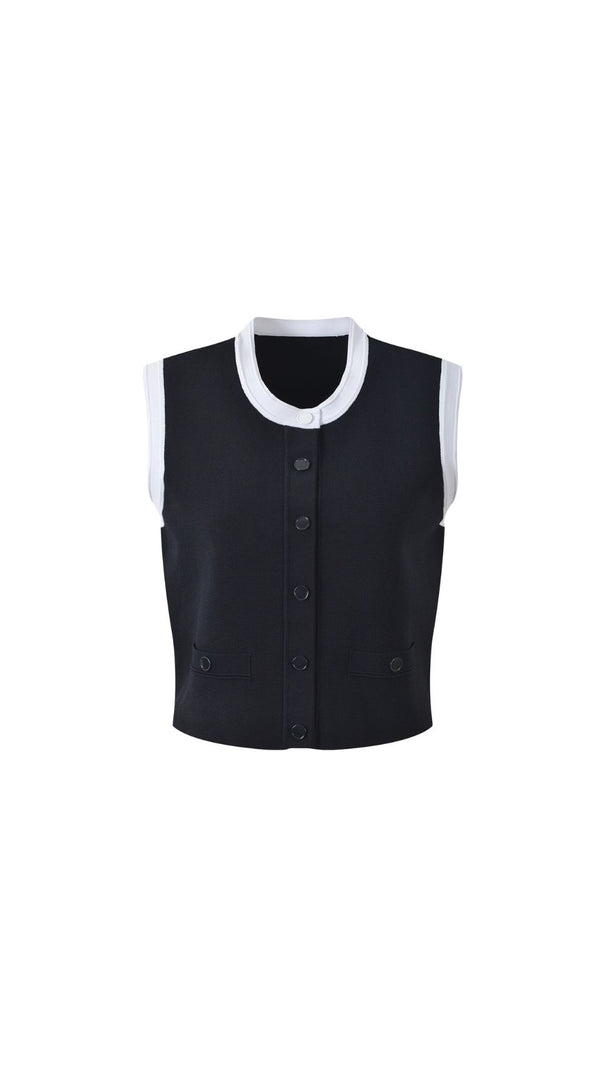 AIIZIE Elegant Two-Tone Cropped Knit Top | Sleeveless Button-Front with Contrast Trim - product image