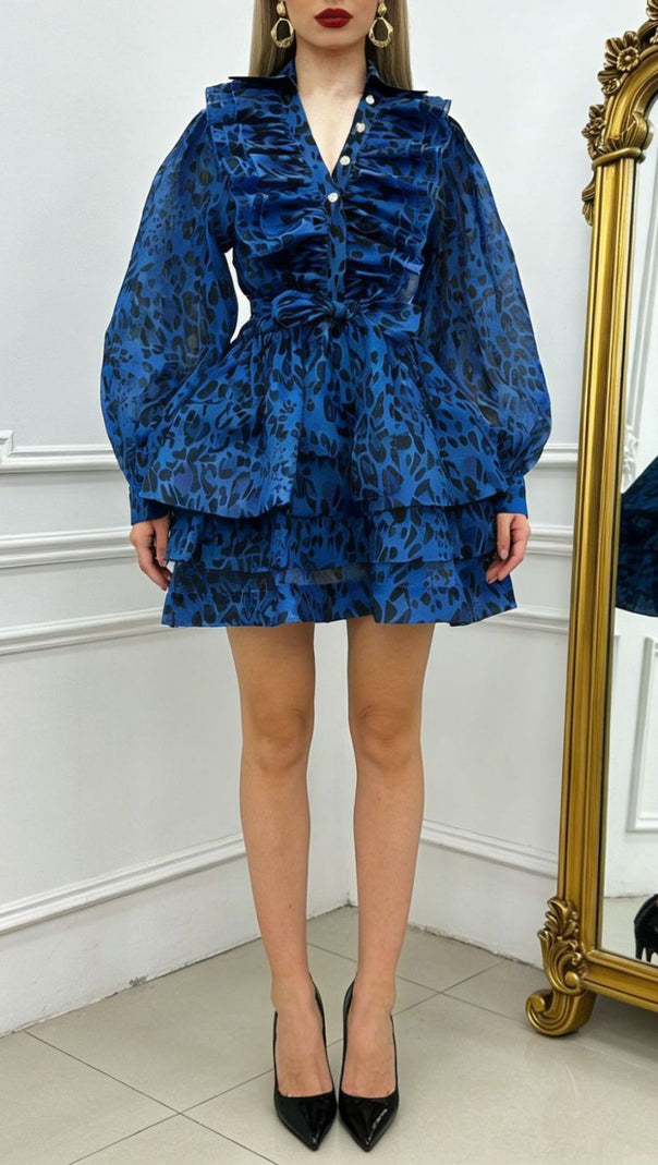AIIZIE Jennica Electric Blue Leopard Print Ruffle Mini Dress with Tie-Waist - product image