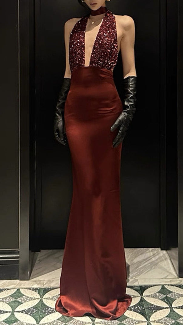 AIIZIE Joffrey Scarlet Sequin Halter Maxi Gown - Glamorous Evening Dress for Women - product image