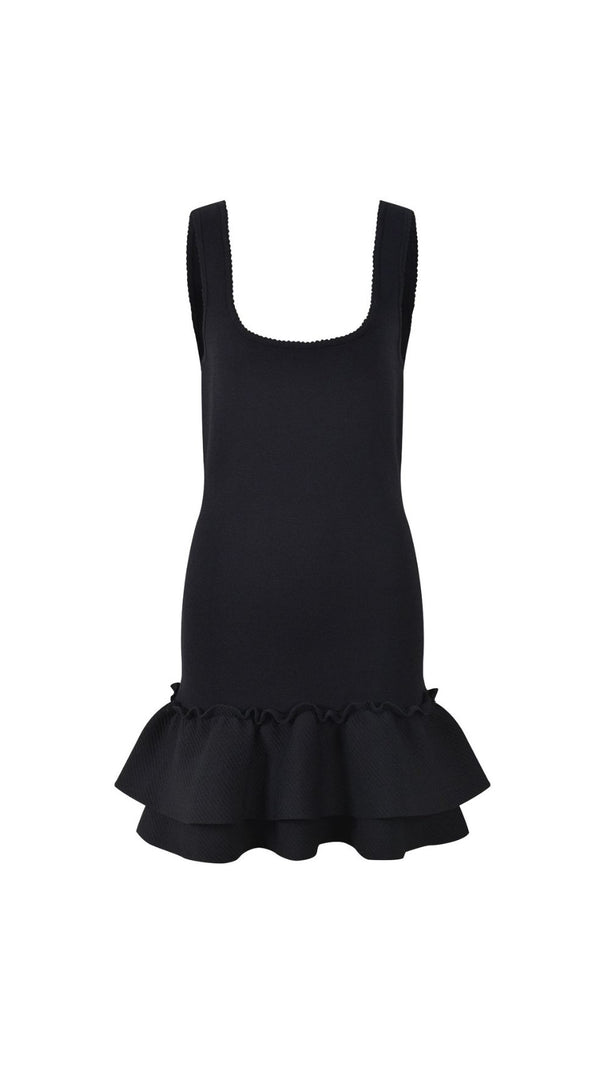 Modern Chic: Black Square Neck Ruffled Knit Mini Dress for Women