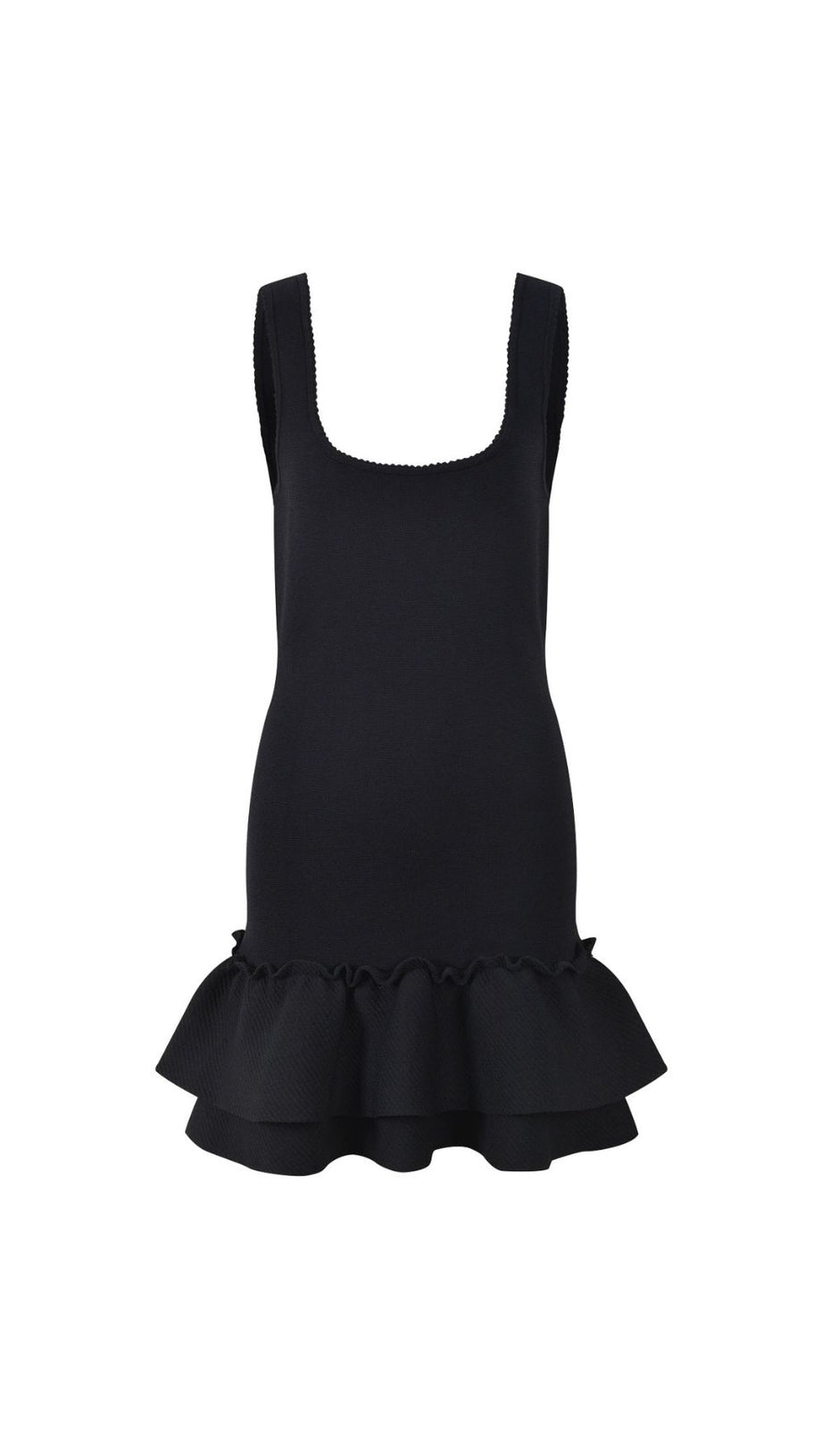 Modern Chic: Black Square Neck Ruffled Knit Mini Dress for Women