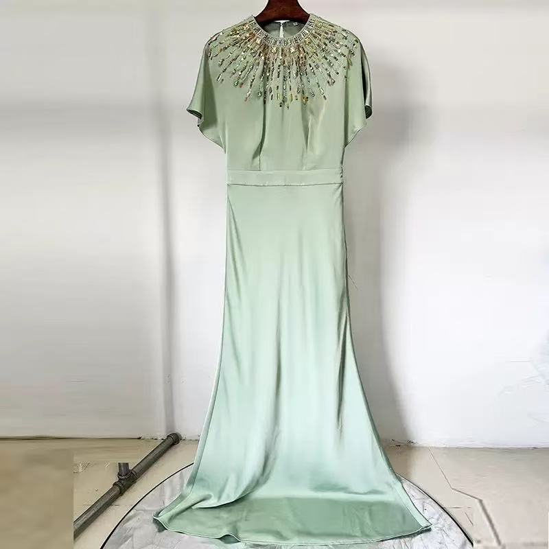 backless satin bead diamond maxi dress