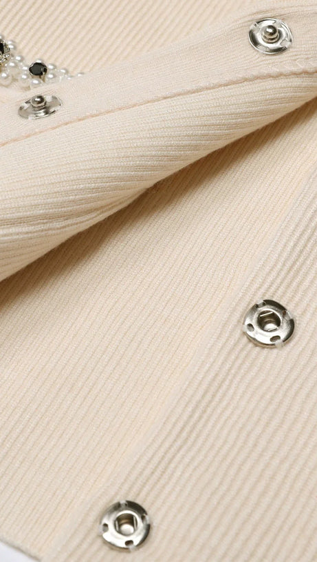 Jie Luxe Knit Embellished Cardigan & Flared Skirt Set - Effortless Apricot Chic