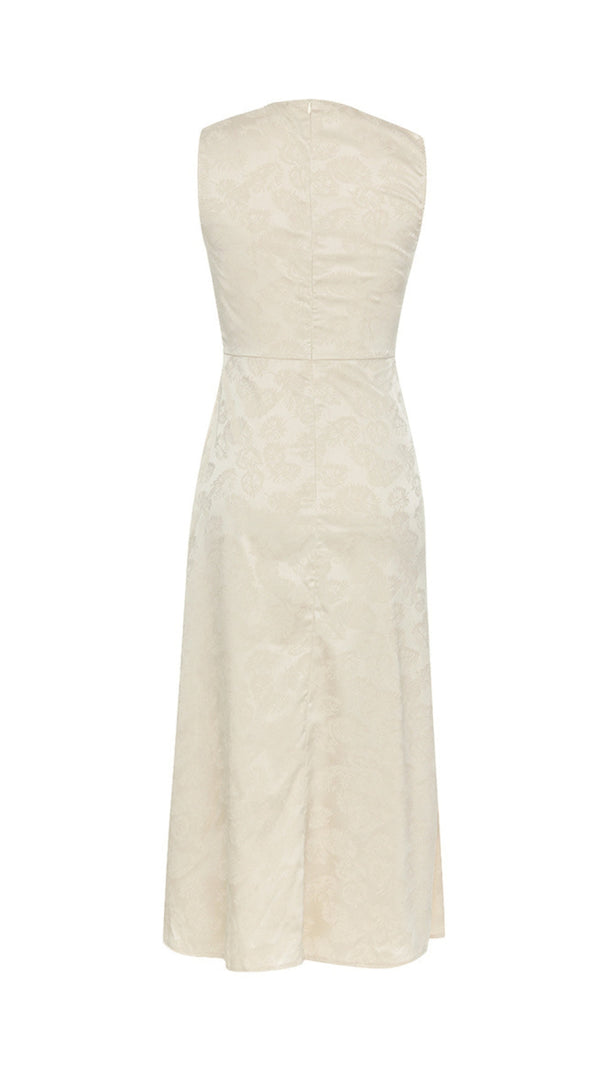 CHAMPAGNE RUCHED JACQUARD SLEEVELESS MIDI DRESS