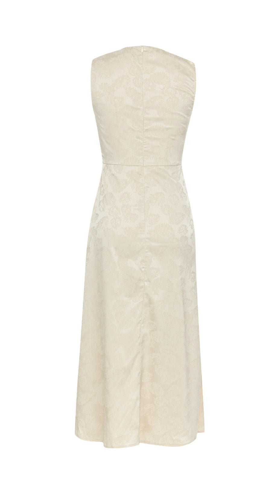 CHAMPAGNE RUCHED JACQUARD SLEEVELESS MIDI DRESS