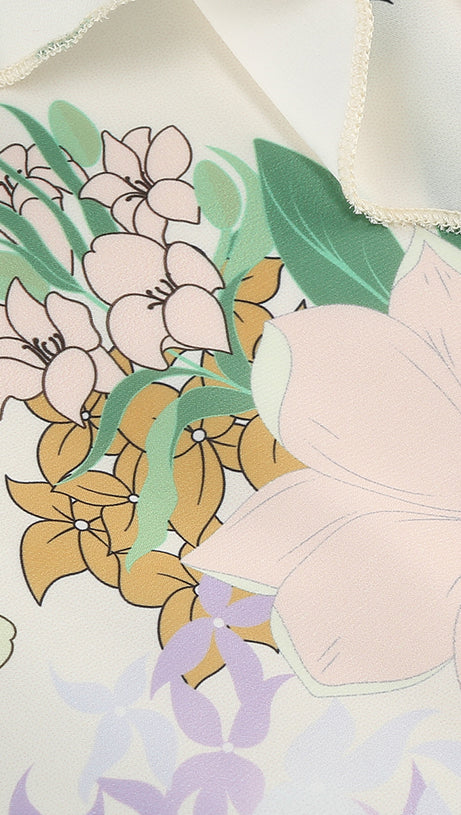 ASYMMETRICAL RUFFLED FLORAL DRAPED MAXI DRESS IN BEIGE