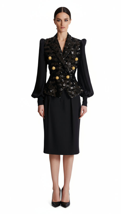 HEIRESS GLAMOROUS BLACK SEQUIN DOUBLE-BREASTED BLAZER JACKET