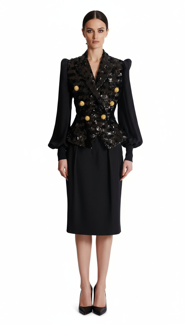 HEIRESS GLAMOROUS BLACK SEQUIN DOUBLE-BREASTED BLAZER JACKET