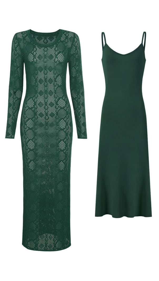 AIIZIE Jaime Luxe Emerald Green Sheer Knit Midi Dress & Slip Set | Versatile 2-Piece - product image