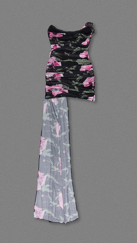 TRÄGERLOSES, DRAPIERTES MINIKLEID MIT BLUMENDRUCK