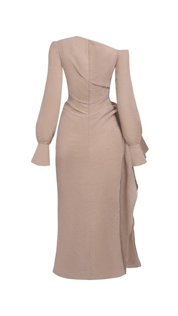 AIIZIE BRIANNA ASYMMETRIC LONG SLEEVE PLEATED MAXI DRESS IN BEIGE - product image