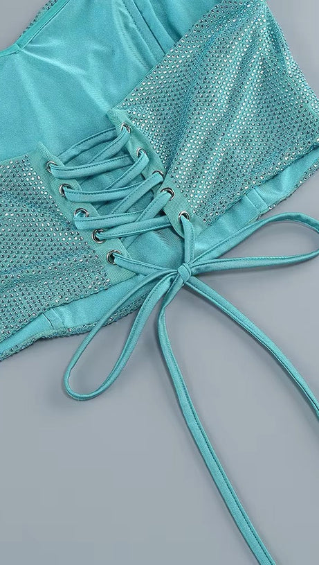 WALLIS EMERALD DIAMONDS LACE-UP TOPS 2 PIECES BODYCON SET