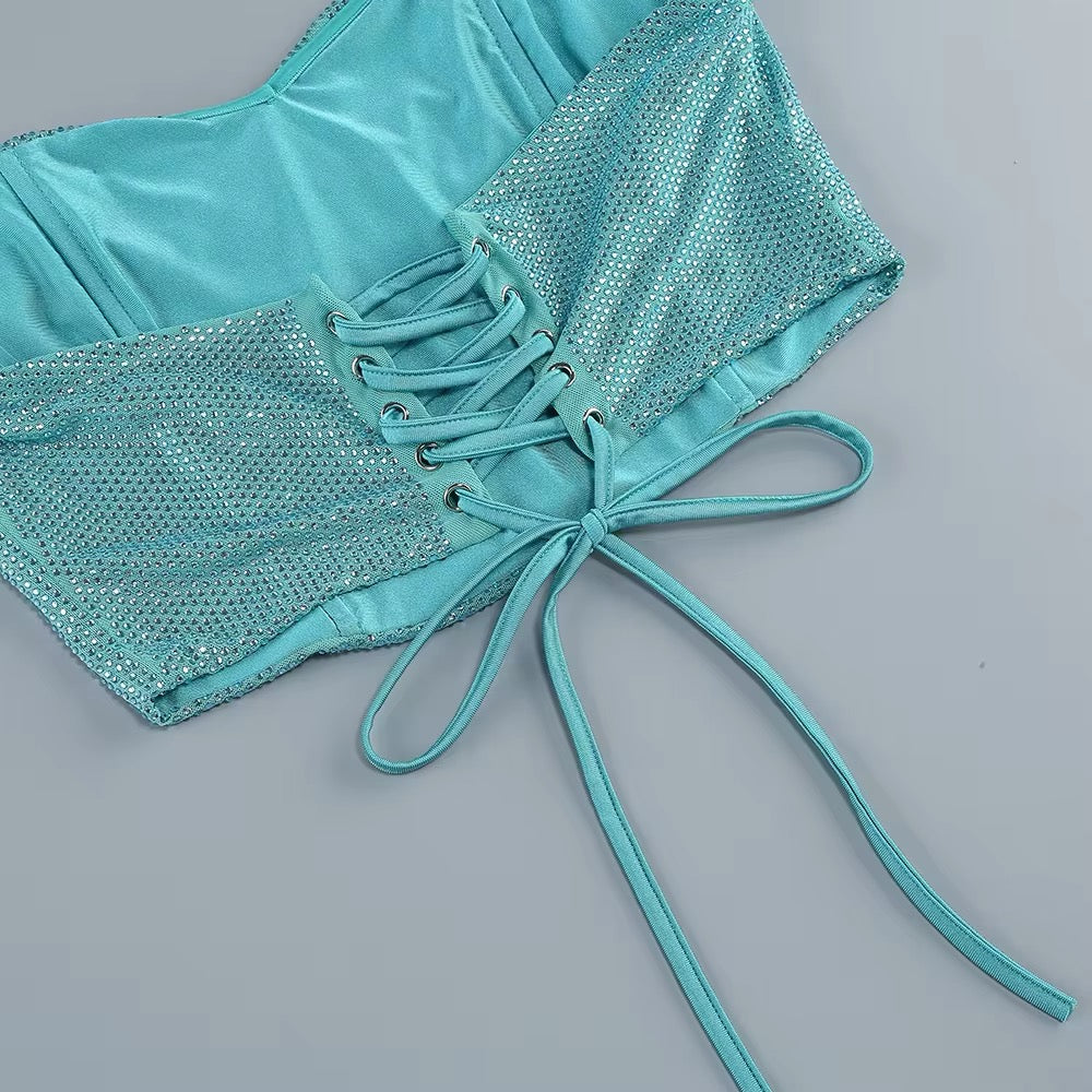 AIIZIE WALLIS EMERALD DIAMONDS LACE-UP TOPS 2 PIECES BODYCON SET - product image