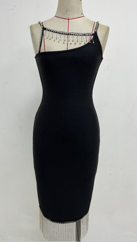 RHINESTONE METAL CHAIN TASSEL BANDAGE DRESS