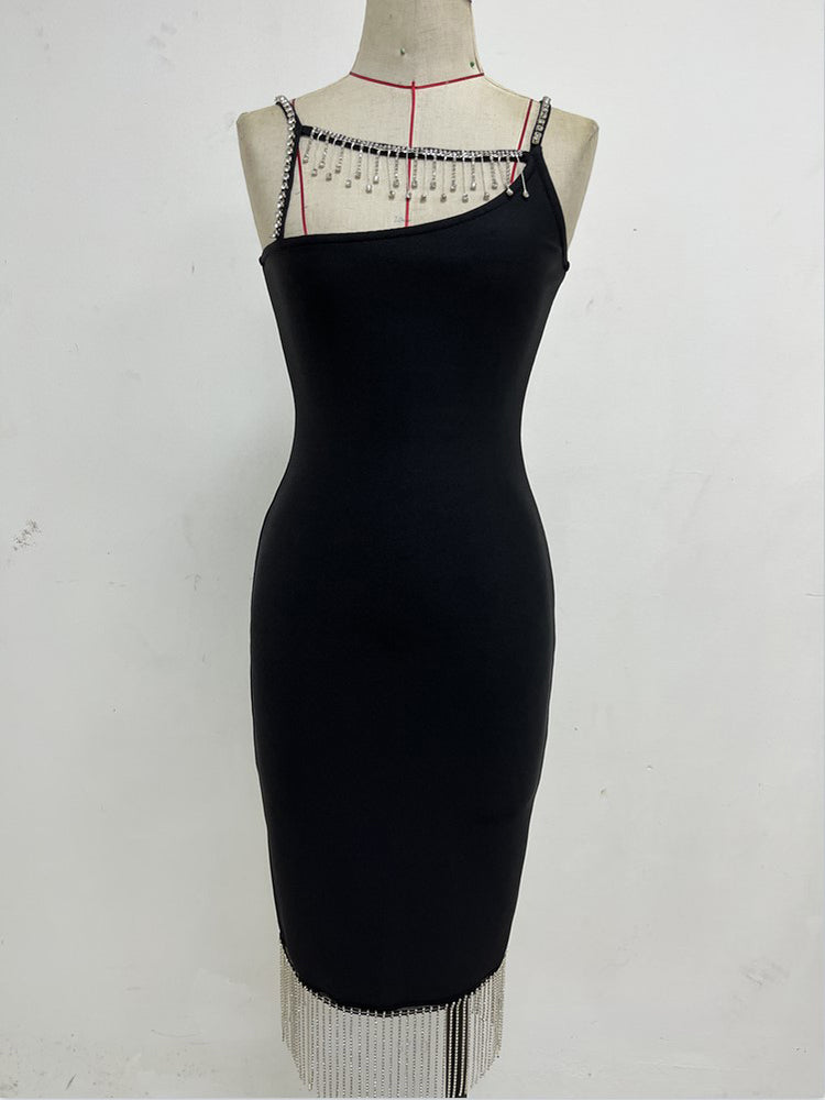 RHINESTONE METAL CHAIN TASSEL BANDAGE DRESS