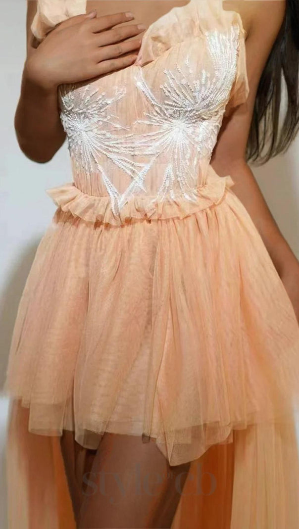 AIIZIE KALENE STRAPLESS RUFFLE TULLE DRESS IN APRICOT - product image