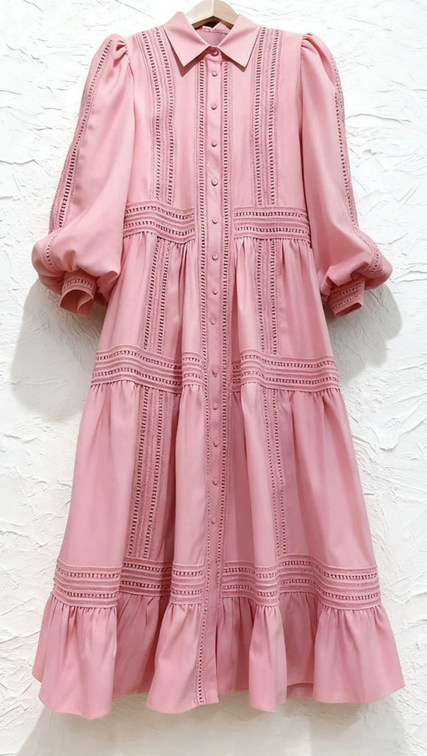 AIIZIE Izumi Sky Blue Lace Tiered Midi Shirtdress | Elegant Long Sleeve Dress for Women - product image