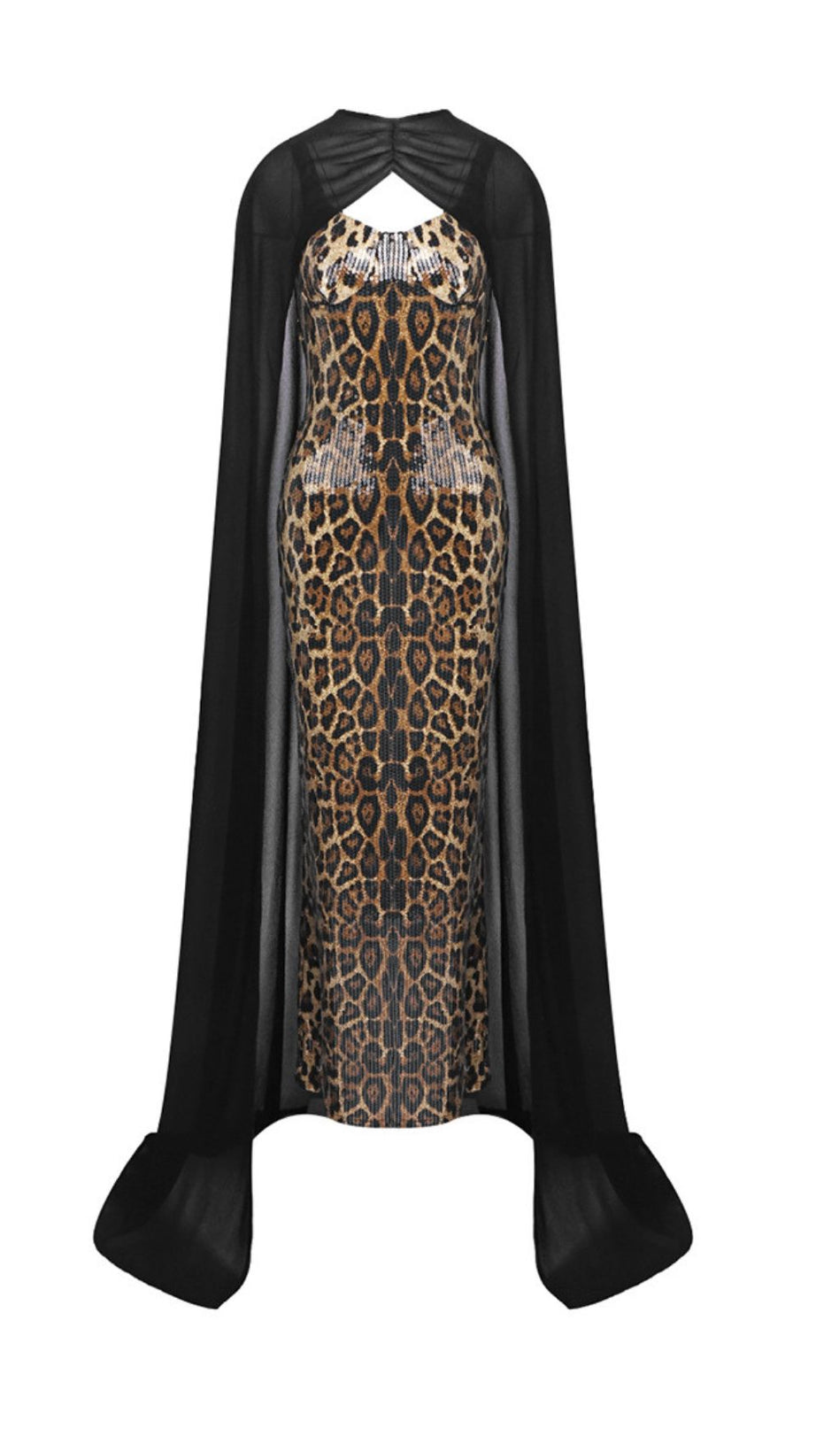Jarrell Dazzling Leopard Sequin Maxi Gown with Dramatic Cape